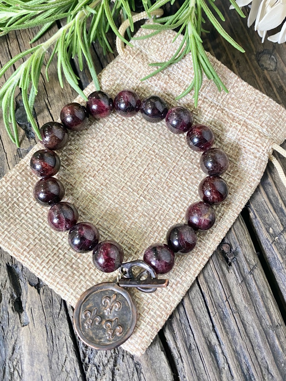 Red Garnet Toggle Bracelet with Rustic Bee Charm/fleurs-de-lis Charm